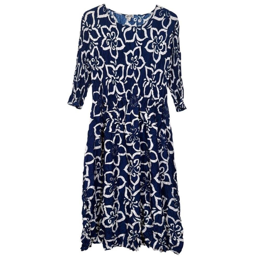 Alquema Size US 10-14 Smash Pocket 3/4 Sleeve Midi Dress Blue & White Floral